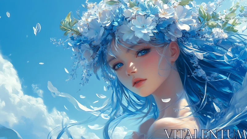 Sky-bloomed daydream with a blue-haired flower muse.