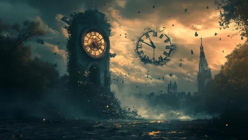 Ruined clock tower and suspended dial over misted cityscape