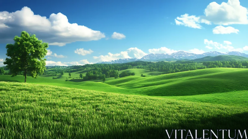 Rolling green hills bask under bright sky and gentle clouds