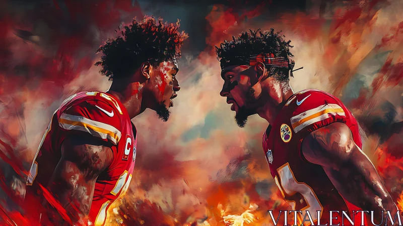 Intense gridiron faceoff in fiery digital portraiture style.