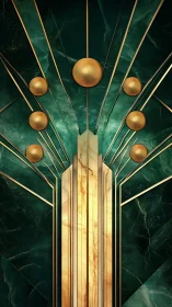Geometric gold structure rises against radial emerald lines