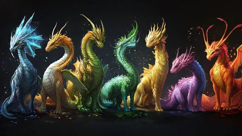 Seven elemental dragons aligned in a vivid color spectrum.