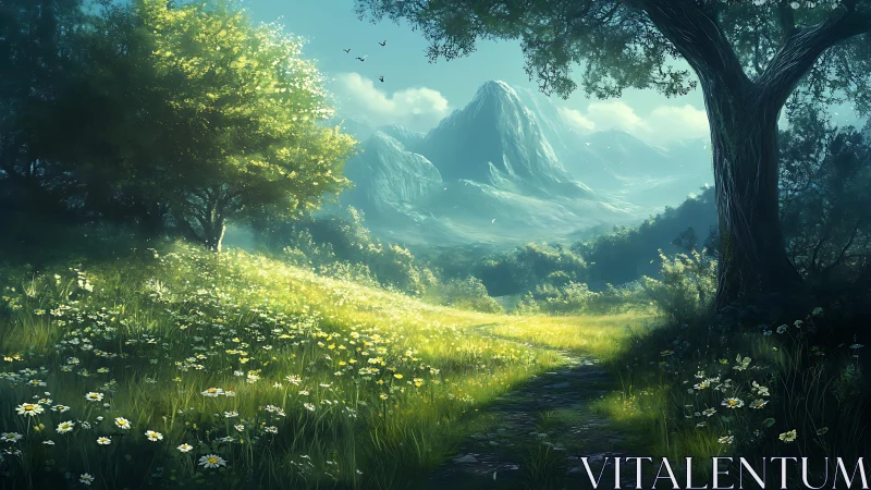 Mountain meadow landscape shows sunlit path through flowers