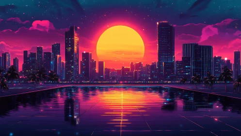 Neon-lit cybercity skyline mirrors a radiant synthwave sunset