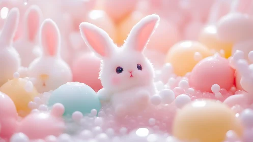 Fluffy pastel bunny floats in dreamy candy bubble wonderland