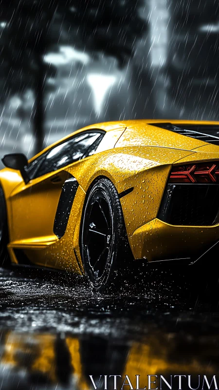 Aerodynamic yellow supercar in dynamic rain-soaked streetscape.