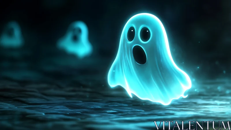 Glowing cartoon ghost drifting over misty stone floor.