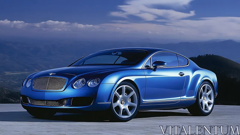 Blue luxury coupe parked on mountain overlook at dusk.