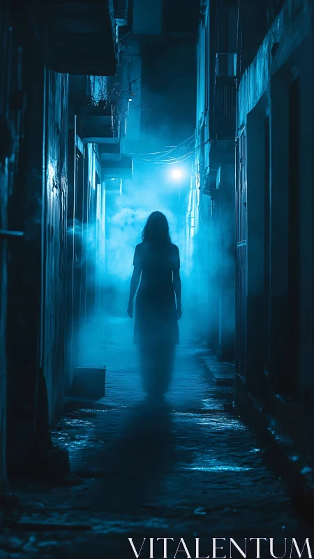 Silhouetted figure in blue fog walking through narrow alley