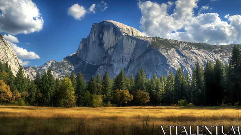 Granite peak towers above golden meadow under vivid sky
