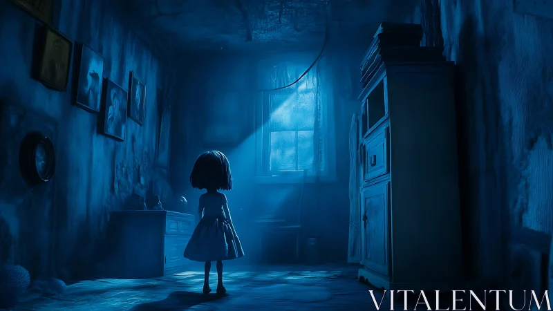 Cinematic blue-lit girl in decayed interior, digital painting.