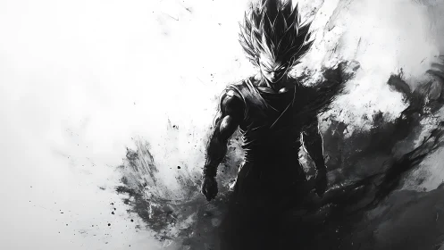 Dark anime warrior emerges from swirling ink storm.