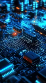 Futuristic blue circuit board with glowing microchips.