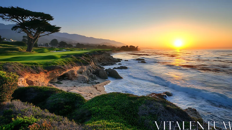 Sunlit coastal golf cliffs under glowing ocean horizon.