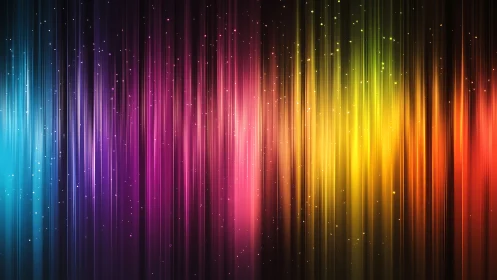 Chromatic lightfall curtains over a starlit digital skyline.