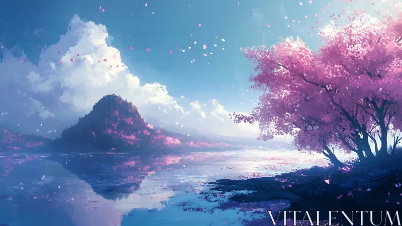 Pink blossom trees border tranquil reflective lakeside