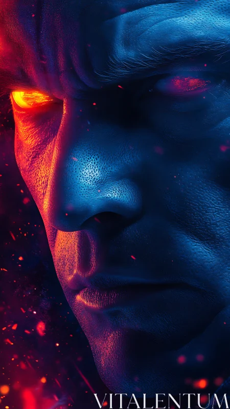 Thermal-lit cyber visage with molten ember ocular intensity.