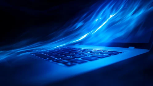 Blue light streaks over laptop keyboard in dark setting.