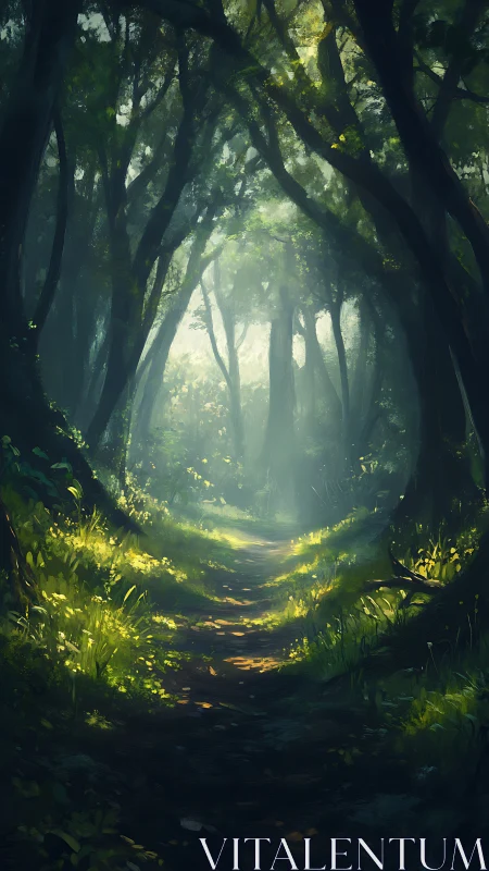 Luminous Forest Path Through Ancient Trees.