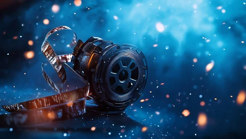 Film reel and unspooled 35mm celluloid strip with volumetric lighting and particle effects