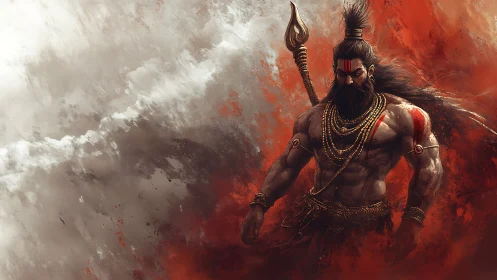 Digital painting of mythic warrior amid turbulent color fields.