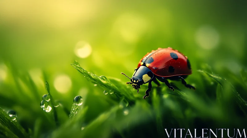 Ladybug wandering through dewy sunrise grasslands.