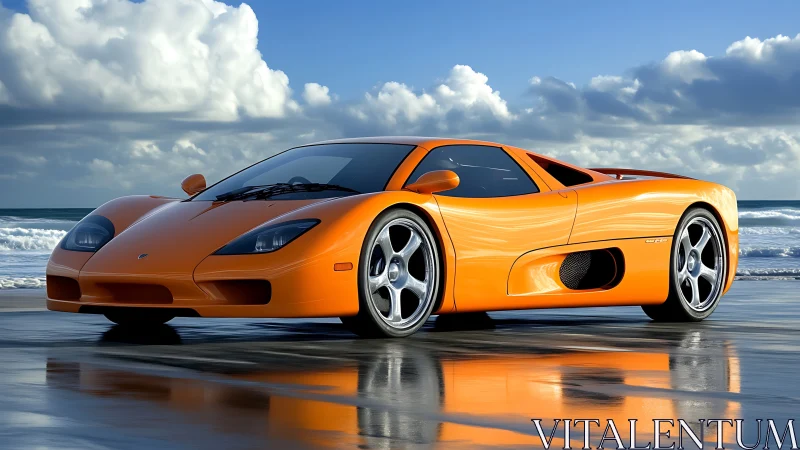 Orange supercar on reflective shoreline under bright skies.