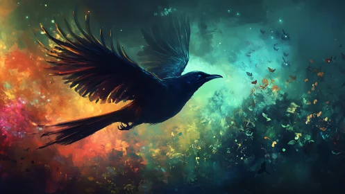 Black bird in flight against diffuse multicolor background.