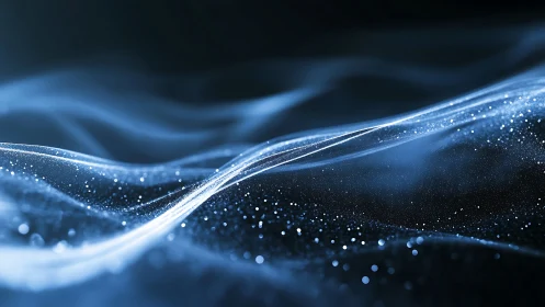 Shimmering blue particle waves drift across a dark void.