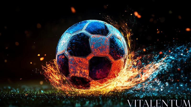 Blazing cosmic soccer ball collides with neon frostfire turf.