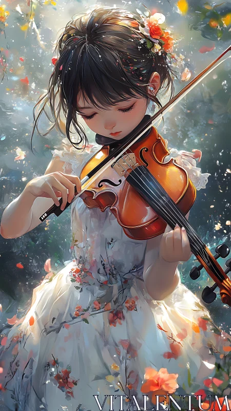 Girl in floral dress playing violin amid falling petals.