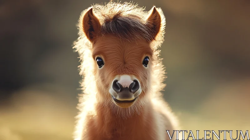 Young pony stands facing camera in warm soft backlight
