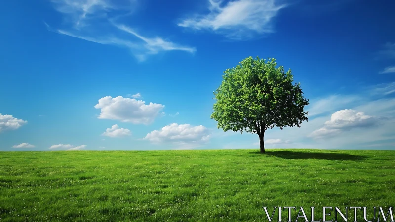Lone Green Tree on Sunny Meadow Under Blue Sky, Photorealistic Style.