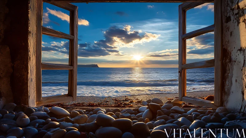 Coastal horizon framed through weathered window aperture.