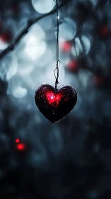Glowing heart suspended against dark bokeh backdrop.