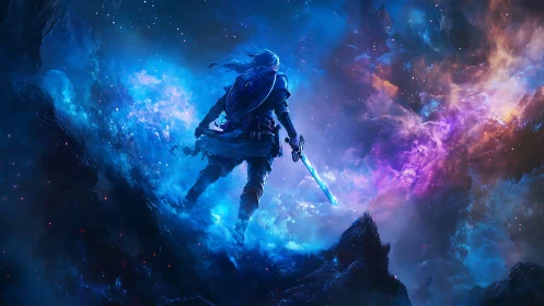 Starlit bladewalker strides through roaring cosmic storm.