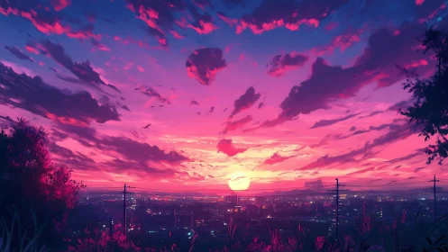 Neo-urban skyline under magenta sunset with layered cloud field
