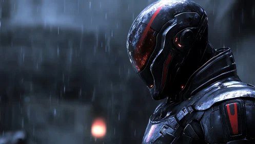 Armored futuristic soldier stands in rain with reflective visor