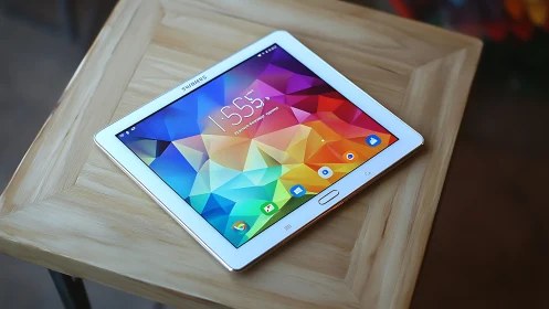 White Samsung Tablet on Wooden Surface with Colorful Geometric Display