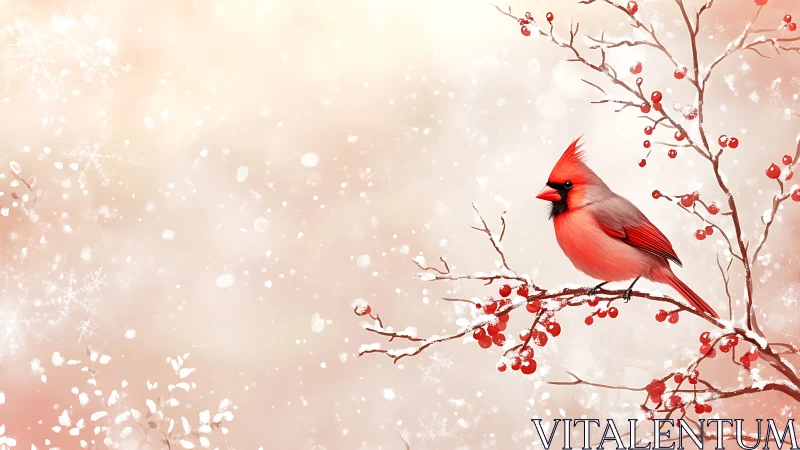 Scarlet cardinal poised on frosted berry branches in winter.