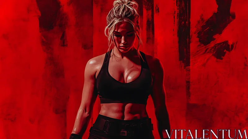 Strong female athlete in red dramatic fitness portrait.