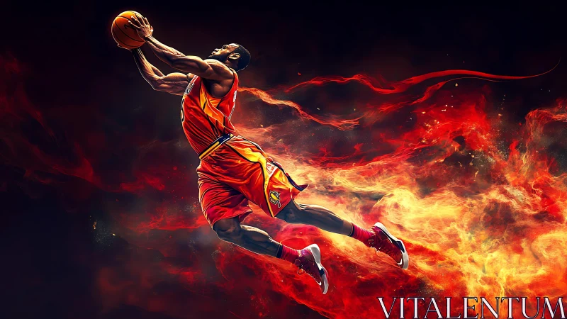 Kinetic basketball dunk with flame-trail motion dynamics.