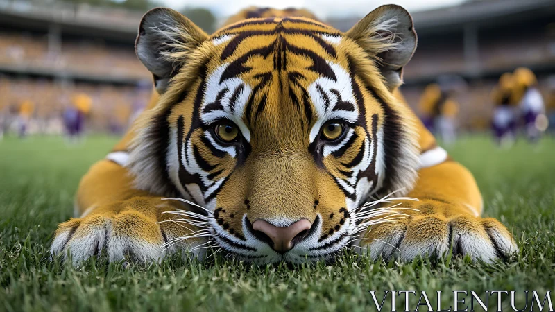 Tiger mascot costume lying on grass in sports stadium.
