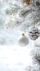 Snowy Christmas tree branch with soft white ornament glow.