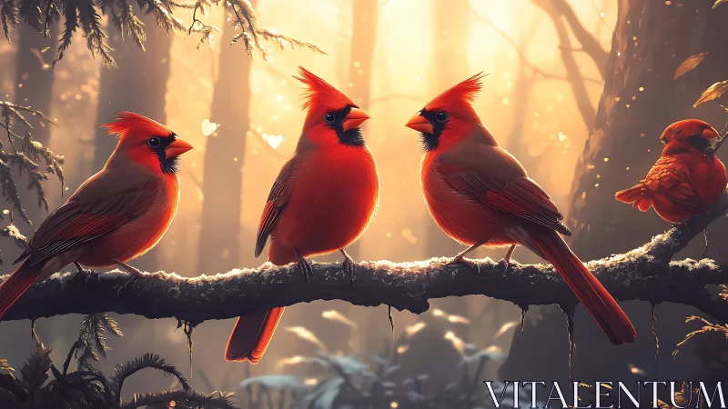 Vibrant Cardinals Perched on Branch in Enchanted Forest Scene.