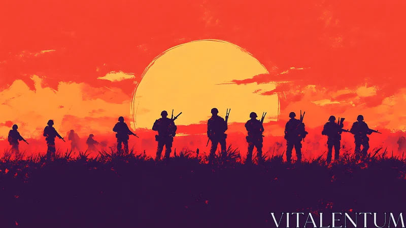 Soldiers silhouetted in a burning red battlefield sunset.