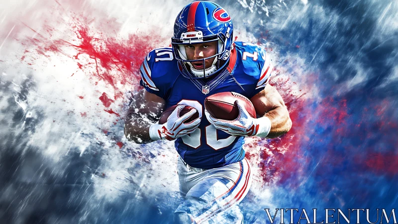 Gridiron comet sprinting through red and blue thunderstorm.