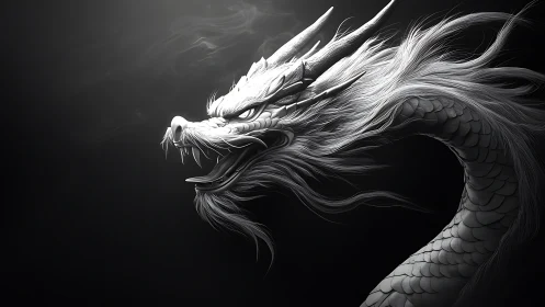 Monochrome Eastern dragon rendered in high-contrast digital chiaroscuro