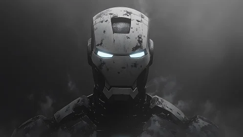 Battle-worn armored helmet stares through glowing blue eyes.