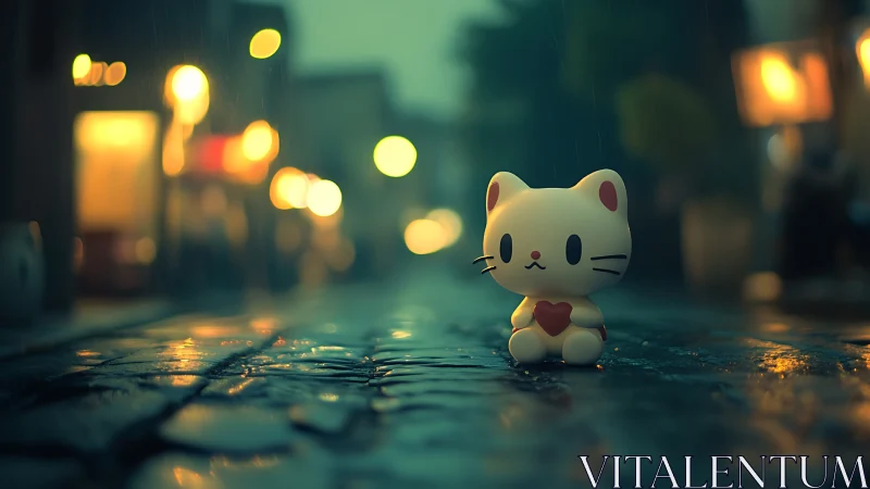 Toy cat figure on wet cobblestone street at night.